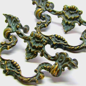 Antique French Brass Drawer Pulls: Ornate Rococo Foliate Handles, Verdigris Blue Patina