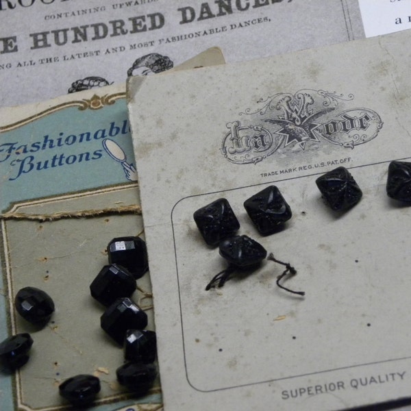 13 Antique Tiny Diminutive CZECH Black Glass Antique BUTTONS Sets Square Imitation Fabric Perfect For Doll Costumes