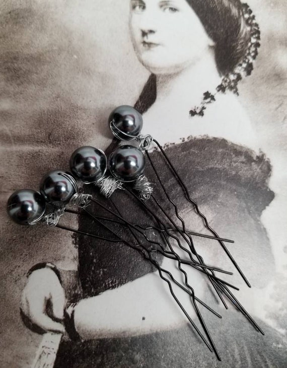 Silvery Gray Pearl Hairpins: Set of 3 Vintage Miriam Haskell  display picture 1
