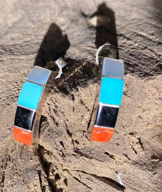 Important Vintage Native American Zuni Dishta Turquoise Sterling Silver Inlay Charm Bracelet Old Important Vintage Native American Zuni Dishta Turquoise Sterling Silver Inlay Charm Bracelet Old