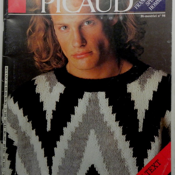 Vintage 1985 Georges PICAUD No. 98 Paris France Special Mens Hommes 26 Sweater Tricot KNITTING PATTERNS English Text Pullout Gay Interest