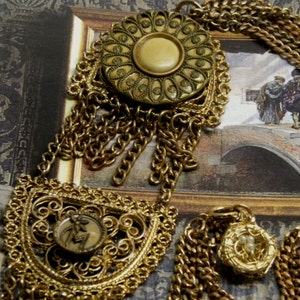 Etruscan Revival Necklace Antique Sunflower & M mono BUTTONS  Filigree Pendants Long Multi Chain Gift for Her