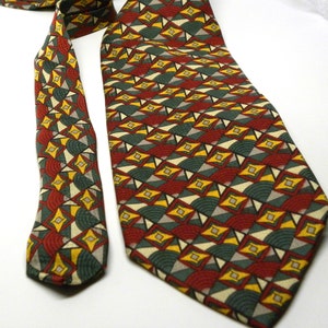 Long Vintage Van Heusen Art Deco  Silk Jacquard Tie RED YELLOW GREEN Fashion Statement 075 Fathers Day Gift for Him