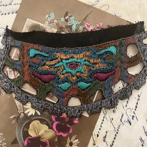Sweet Antique French Art  Nouveau Deco APPLIQUÉ Trim Multi Color Embroidered SILK Silver Metallic Thread Steampunk GEARS Floral Millinery