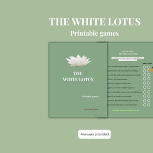 May include: Printable game cards featuring a white lotus flower and the text "The White Lotus". The cards are green with white text and a checklist on the right side. The text "Instant Download" is in a white box with a green outline.