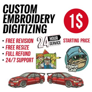 Puede incluir: Servicios de digitalización de bordado personalizados a partir de 1 $. La imagen muestra un círculo rojo con un signo de dólar blanco, un logotipo de servicio de 24 horas y una imagen de dibujos animados de personajes de Pokemon. El texto de la imagen dice: "Bordado personalizado", "Revisión gratuita", "Redimensionamiento gratuito", "Reembolso completo", "Soporte 24/7", "Precio inicial", "Servicio 24 horas".