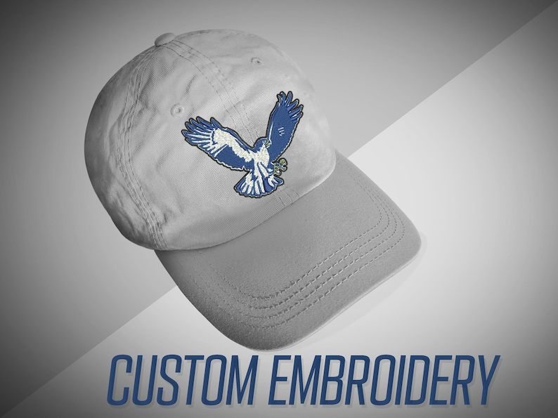 May include: A gray baseball cap with a blue embroidered hawk design. The cap has a curved brim and a traditional six-panel construction. The text "CUSTOM EMBROIDERY" is printed in blue at the bottom of the image.
