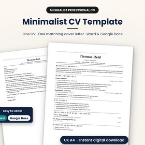 Puede incluir: Un conjunto de plantillas de CV digitales que incluye un currículum y una carta de presentación con texto negro sobre papel blanco. El encabezado dice Minimalist CV Template, con etiquetas de compatibilidad para Word, Google Docs y A4.