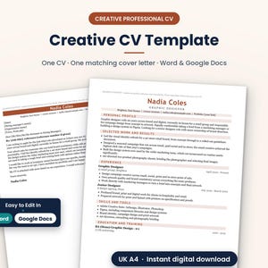 Puede incluir: Un conjunto de plantillas de CV digital que incluye un currículum y una carta de presentación a juego con texto oscuro sobre páginas blancas. El documento incluye secciones de perfil, experiencia laboral y habilidades. Texto: Creative CV Template y Easy to Edit In Word Google Docs.