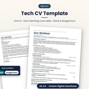 May include: A digital Tech CV template featuring a resume and matching cover letter document. The layout includes sections for personal profile, technical skills, work experience, and education. Compatible with Microsoft Word and Google Docs.