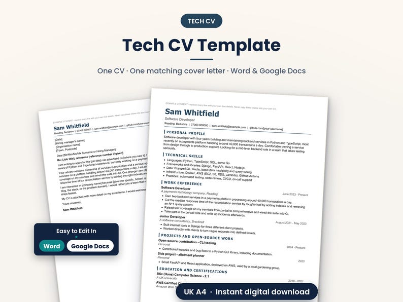 Puede incluir: Una plantilla digital de CV t&eacute;cnico que incluye un curr&iacute;culum y una carta de presentaci&oacute;n a juego. El dise&ntilde;o contiene secciones para perfil, habilidades t&eacute;cnicas, experiencia laboral y educaci&oacute;n. Compatible con Microsoft Word y Google Docs.