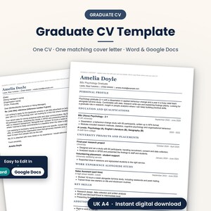 Puede incluir: Un conjunto de plantillas de CV para graduados que incluye un currículum y una carta de presentación a juego. El texto incluye encabezados como Perfil personal, Educación y cualificaciones, y Habilidades clave para Word y Google Docs.
