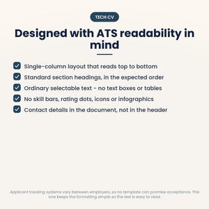 Puede incluir: Un gr&aacute;fico digital con fondo crema que muestra el texto TECH CV y Designed with ATS readability in mind. Enumera cinco puntos sobre el formato de curr&iacute;culum, incluyendo un dise&ntilde;o de una sola columna y sin iconos ni barras.