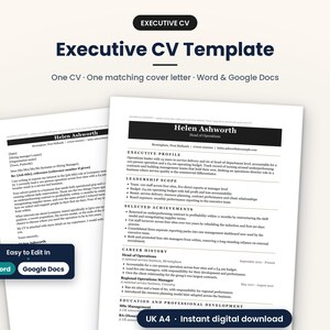 Puede incluir: Una plantilla de CV ejecutivo que incluye un currículum profesional y una carta de presentación a juego. El documento contiene secciones para perfil, liderazgo, logros y trayectoria, editable en Microsoft Word y Google Docs.