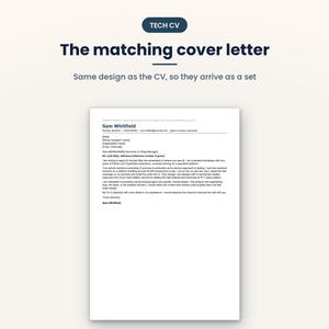Puede incluir: Una plantilla de documento digital para una carta de presentaci&oacute;n con el texto TECH CV y The matching cover letter. El documento incluye texto de marcador de posici&oacute;n para datos de contacto, un saludo formal y p&aacute;rrafos para una solicitud.