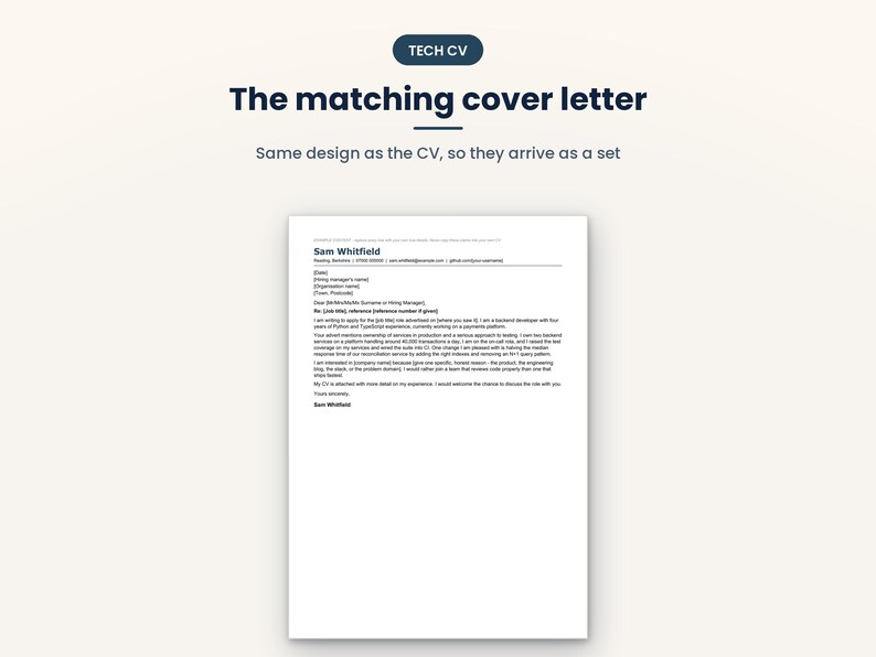 Puede incluir: Una plantilla de documento digital para una carta de presentaci&oacute;n con el texto TECH CV y The matching cover letter. El documento incluye texto de marcador de posici&oacute;n para datos de contacto, un saludo formal y p&aacute;rrafos para una solicitud.