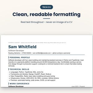 Puede incluir: Una plantilla de documento digital para un CV t&eacute;cnico con el texto Clean, readable formatting y Real text throughout. El curr&iacute;culum incluye secciones para un perfil personal, habilidades t&eacute;cnicas y experiencia laboral.