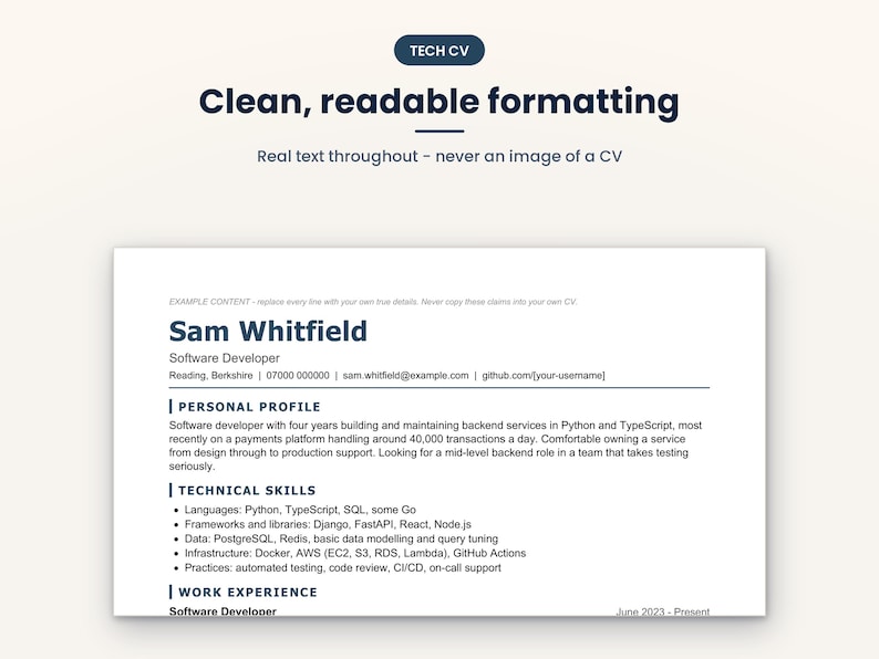 Puede incluir: Una plantilla de documento digital para un CV t&eacute;cnico con el texto Clean, readable formatting y Real text throughout. El curr&iacute;culum incluye secciones para un perfil personal, habilidades t&eacute;cnicas y experiencia laboral.