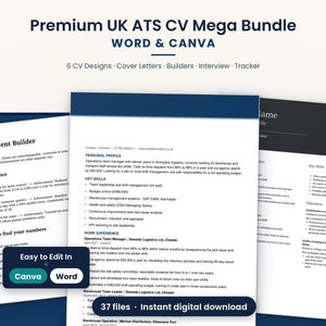 Puede incluir: Un paquete de plantillas de CV digitales titulado Premium UK ATS CV Mega Bundle para Word y Canva. El conjunto incluye seis diseños de CV, cartas de presentación, constructores y un rastreador de entrevistas. Un botón azul muestra el texto Easy to Edit In Canva Word.
