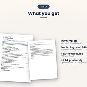 Puede incluir: Un conjunto de plantillas de curr&iacute;culum y carta de presentaci&oacute;n titulado TECH CV. El documento incluye secciones de perfil personal, habilidades t&eacute;cnicas, experiencia laboral, proyectos y educaci&oacute;n. El texto enumera 1 plantilla de CV, 1 carta de presentaci&oacute;n, una gu&iacute;a de uso y formato A4, compatible con Microsoft Word y Google Docs.