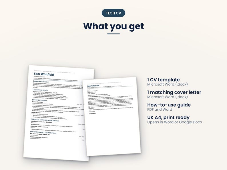 Puede incluir: Un conjunto de plantillas de curr&iacute;culum y carta de presentaci&oacute;n titulado TECH CV. El documento incluye secciones de perfil personal, habilidades t&eacute;cnicas, experiencia laboral, proyectos y educaci&oacute;n. El texto enumera 1 plantilla de CV, 1 carta de presentaci&oacute;n, una gu&iacute;a de uso y formato A4, compatible con Microsoft Word y Google Docs.