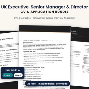 Puede incluir: Un paquete digital de CV y solicitudes para ejecutivos, gerentes sénior y directores en el Reino Unido. Los documentos presentan diseños en blanco y negro con encabezados como Leadership Achievement Builder, Executive Profile y Career History. Editables en Canva y Word.
