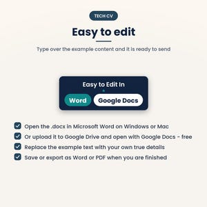 Puede incluir: Una gu&iacute;a de plantilla digital titulada TECH CV con el texto Easy to edit. Incluye un cuadro azul oscuro etiquetado como Easy to Edit In con botones para Word y Google Docs, seguido de una lista de verificaci&oacute;n para editar y exportar.