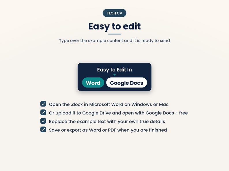 Puede incluir: Una gu&iacute;a de plantilla digital titulada TECH CV con el texto Easy to edit. Incluye un cuadro azul oscuro etiquetado como Easy to Edit In con botones para Word y Google Docs, seguido de una lista de verificaci&oacute;n para editar y exportar.