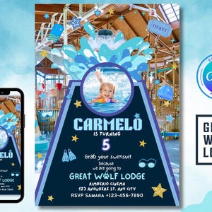 May include: Blue and gold birthday invitation with a photo of a child in a pool. The invitation says "Carmelo is turning 5" and includes the text "Grab your swimsuit because we are going to Great Wolf Lodge".