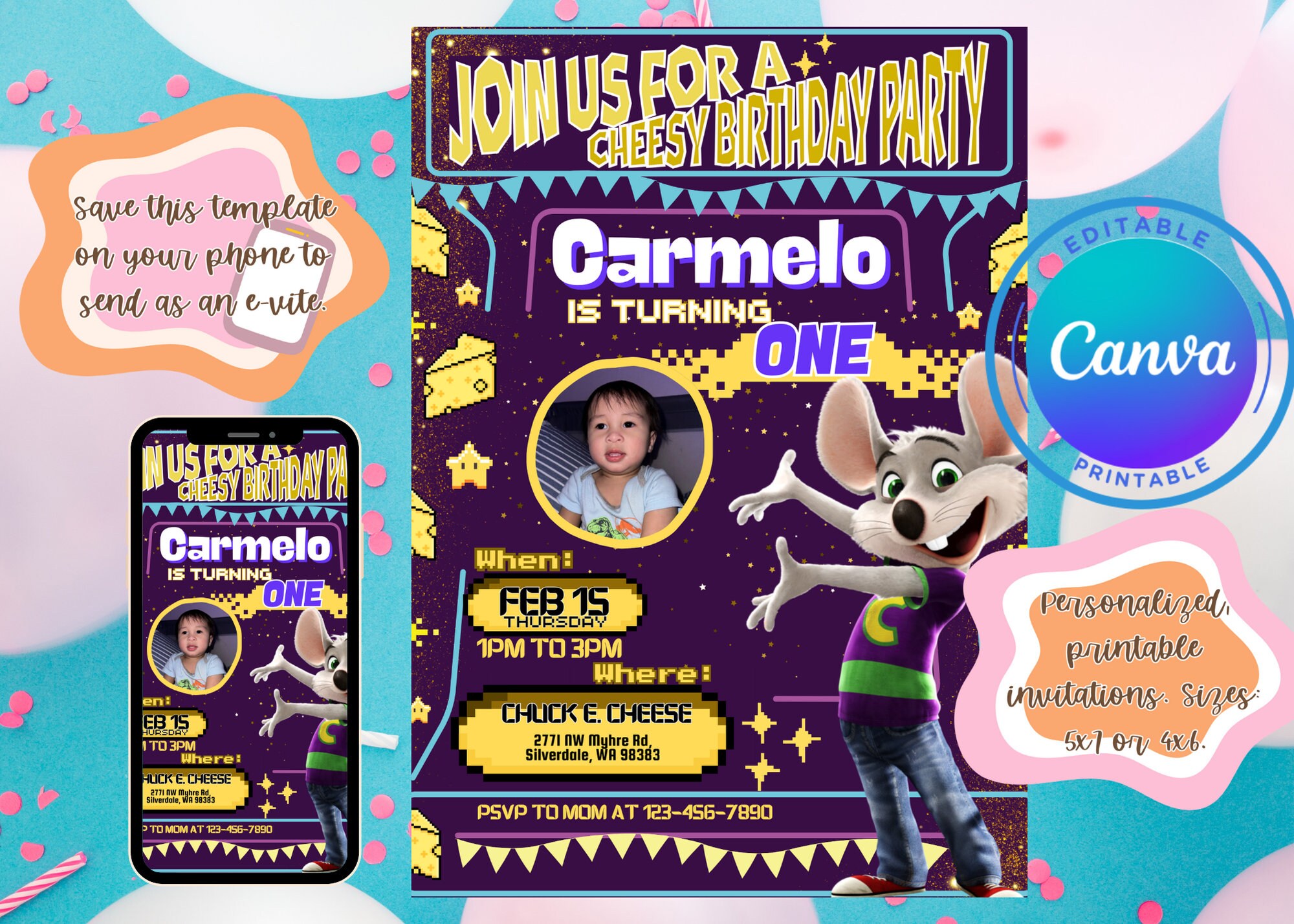 Chuck E Cheese Birthday Invitation for Boy editable Invitation Canva - Etsy