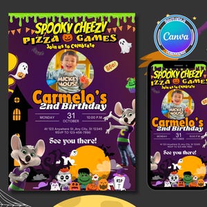 Invitación de cumpleaños de Spooky Chuck E Cheese (invitación de cumpleaños de Halloween) con tarjeta de agradecimiento