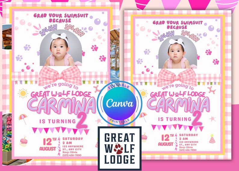 Great Wolf Lodge Birthday Invitation (girl) PINK Easy to Edit - Etsy