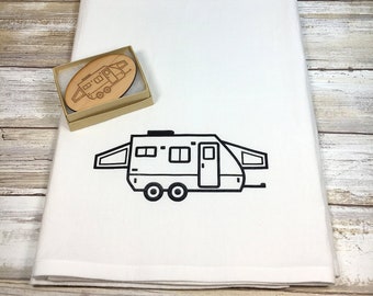 Hybrid Pop Up Camper Dish Towel and Magnet, Flour Sack, Glamping Kitchen, Travel Trailer Kitchen, Glamping Gift, Pup Camper, Tent Camper,