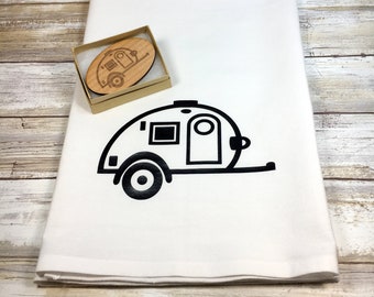 Teardrop Trailer Flour Dish Towel with matching Magnet, Teardrop Camper, TAB, TAG, Tiny camper, Teardrop Galley, Teardrop Glamper, Rally