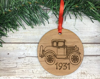 Model A Ford Laser Etched Alder Christmas Tree Ornament. Seven cars to choose from. Personalized wording option available.