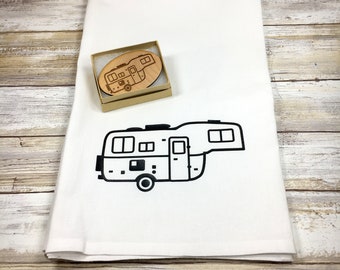 Fifth Wheel Scamp Camper Flour Sack Dish Towel and Magnet, Glamping Kitchen, Camper Decor, 5th Wheel, Glamping Kitchen, Egg Camper Rally