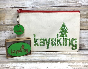 Kayaking Cotton Applique Zipper Pouch, Matching Key Chain, Kayak, Gift for Kayaker, Water, Lake, River, Whitewater, Camping, Paddle, Camper