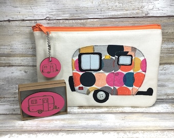 Mod Circle Applique Scamp Camper Cosmetic Zipper Bag, Burro, Oliver, Casita, Airstream, Happy Camper, Sisters on the Fly, Toiletry Pouch