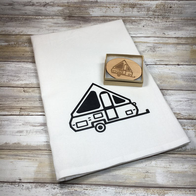 Glamp Camp A-frame Pop Up Camper Flour Sack Dish Towel and Magnet Travel Trailer Kitchen Glamping Kitchen Glamping Gift Camper Decor