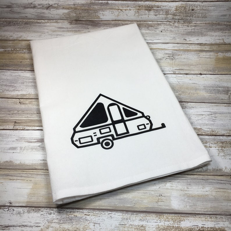 Glamp Camp A-frame Pop Up Camper Flour Sack Dish Towel and Magnet Travel Trailer Kitchen Glamping Kitchen Glamping Gift Camper Decor