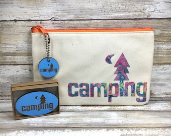 Zipper Bag with Camping Applique, Camping Themed Wedding, Camping Honeymoon, Camper Gift, Cotton Pouch, Wanderlust, Hiking Gift for Girl