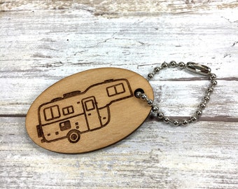 Fifth Wheel Scamp Camper Oval Key Chain. Personalized wording option available.