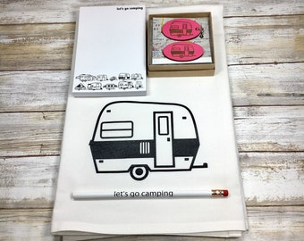 Tiny Retro Camper Gift Set with flour sack kitchen towel, key chain, magnet, let's go camping notepad and pencil