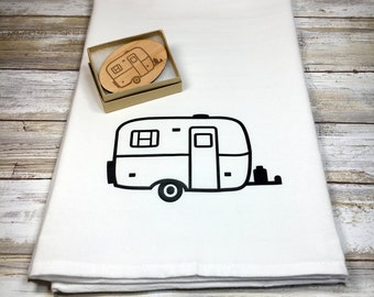 Scamp Camper Flour Sack Dish Towel and Magnet, Glamping Kitchen, Camper Decor, Casita Trailer, Boler, Burro, Glamping Kitchen, Egg Rally