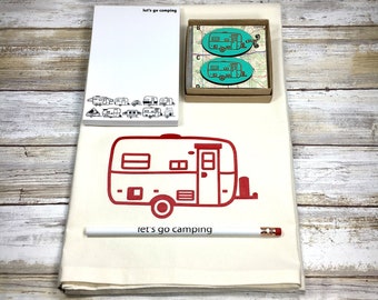 Large Egg Camper Gift Set with natural flour sack kitchen towel, key chain, magnet, let's go camping notepad and pencil