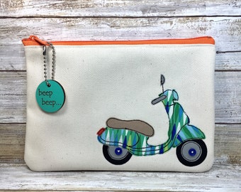 Modern Blue and Green Applique Scooter Zipper Bag with Key Chain