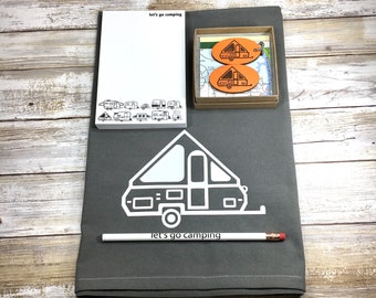 A-frame Pop Up Camper Gift Set with flour sack kitchen towel, key chain, magnet, let's go camping notepad and pencil