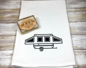 Pop Up Camper Dish Towel and Magnet, Flour Sack, Glamping Kitchen, Travel Trailer Kitchen, Glamping Gift, Pup Camper, Tent Camper, Galley