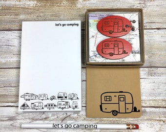 Scamp Camper Moleskin Journal Gift Set with oval magnet, key chain. let's go camping notepad and pencil