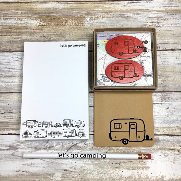 Scamp Camper Moleskin Journal Gift Set with oval magnet, key chain. let's go camping notepad and pencil
